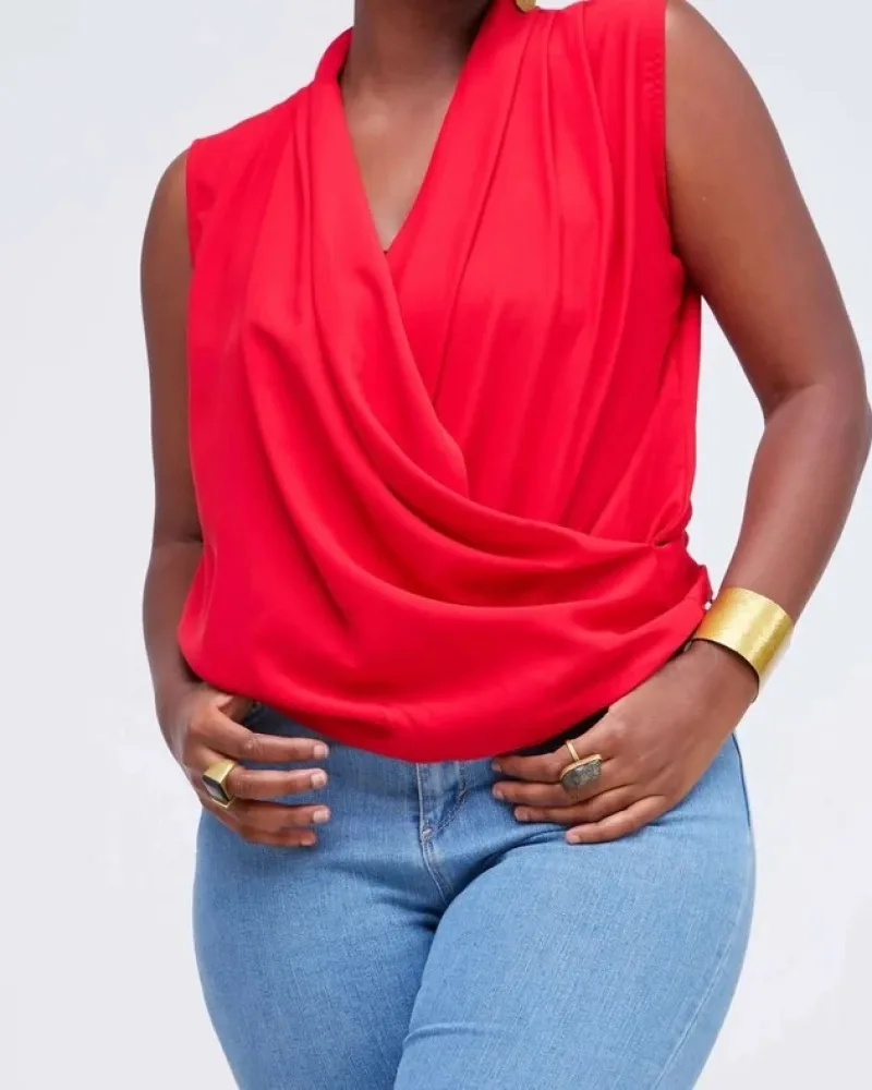 V-Neck Blouse Top - Black, Blue, and Red view 2